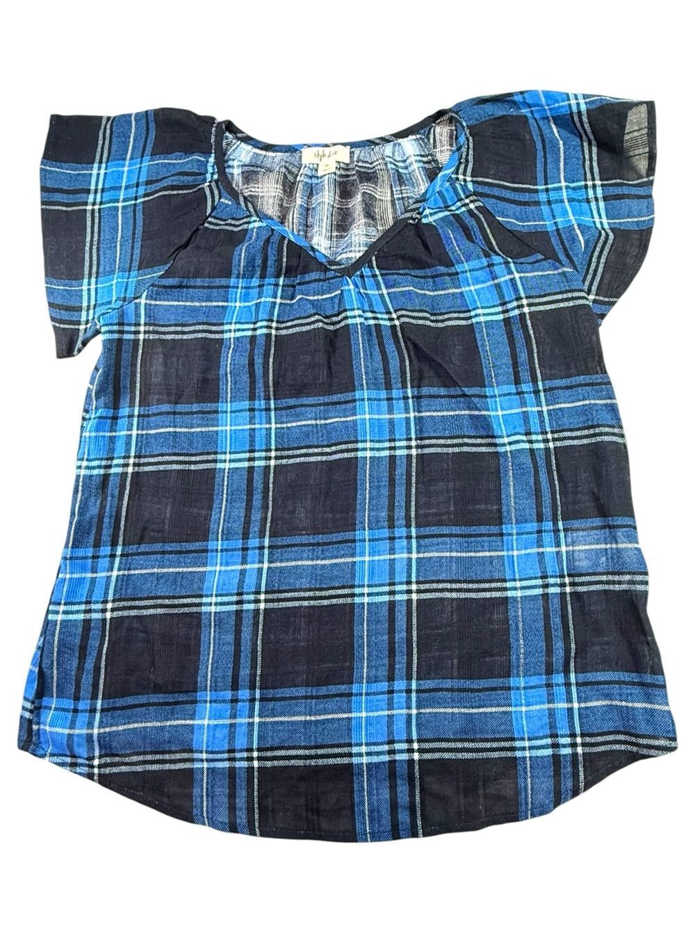 Style & Co Plaid Short Flutter Sleeve Semi Sheer Blouse Size XS Preppy Casual